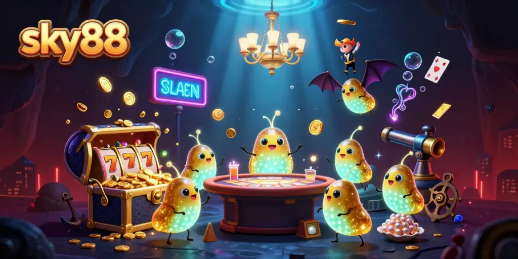 Experience the thrilling gameplay at sky88 with bioluminescent glowworms illuminating a vibrant casino scene.