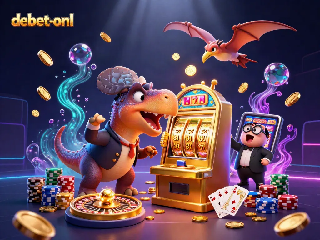 Experience the excitement of debet-onl as a cartoon dinosaur hits a slot machine for a jackpot!