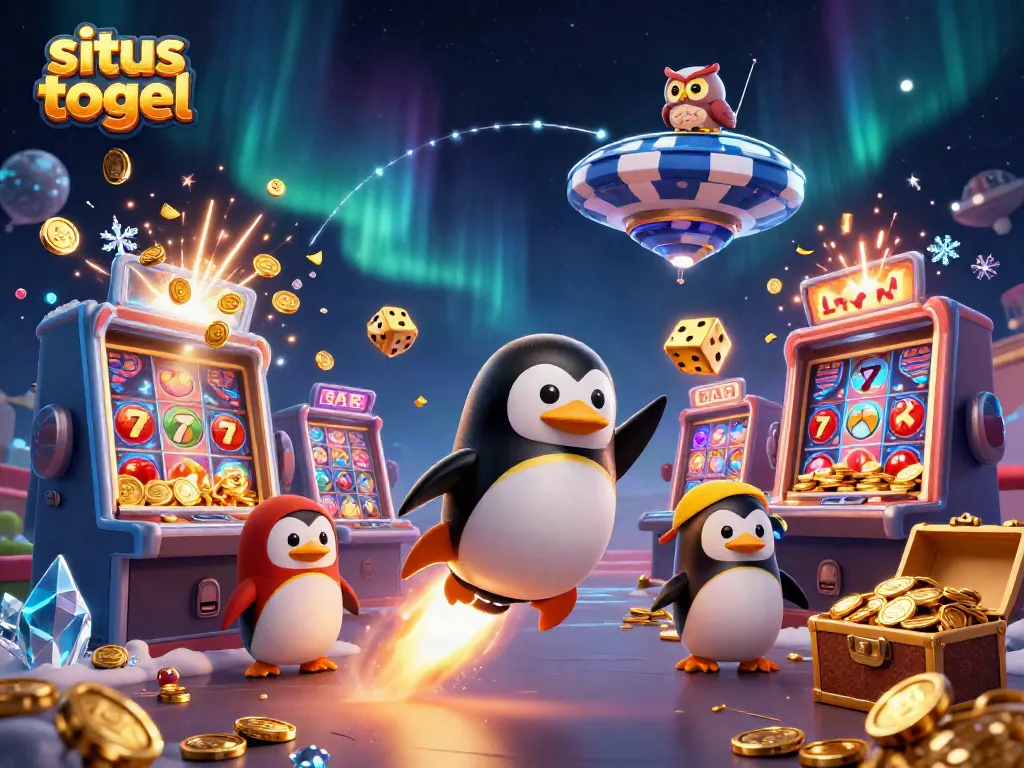 Experience the excitement of situs togel with a golden penguin and vibrant casino elements!
