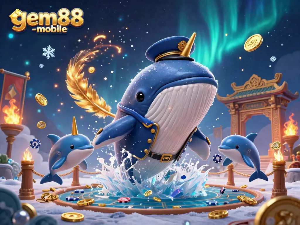 Engage with gem88-mobile in a vibrant casino scene featuring a colossal cartoon whale and friends among sparkling coins.