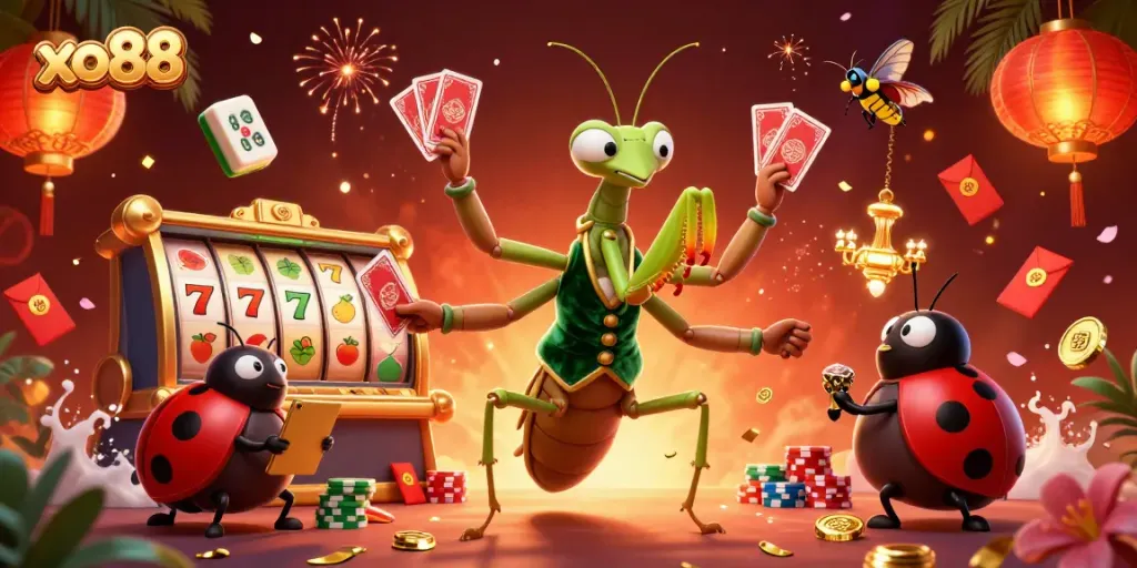 Experience vibrant gaming action and excitement at xo88 with colorful slot reels and engaging characters.