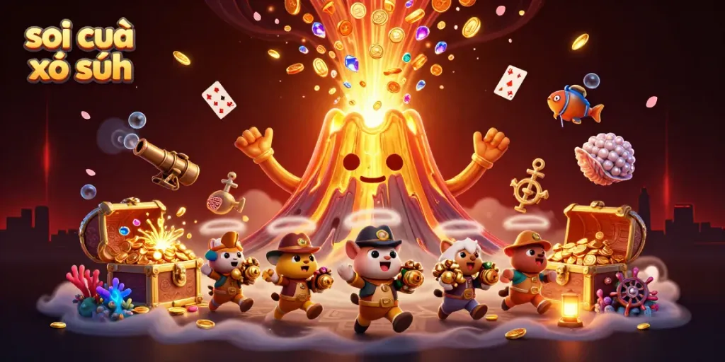 Soi cầu xổ số illustrates a dynamic scene with a golden volcano erupting coins, surrounded by tiny explorers and rich treasures.