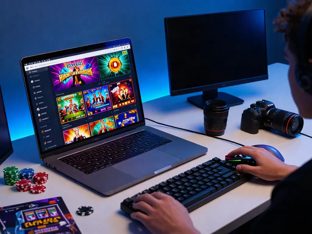 Engaging with man88's online gambling platform featuring vibrant gaming graphics and a modern setup.