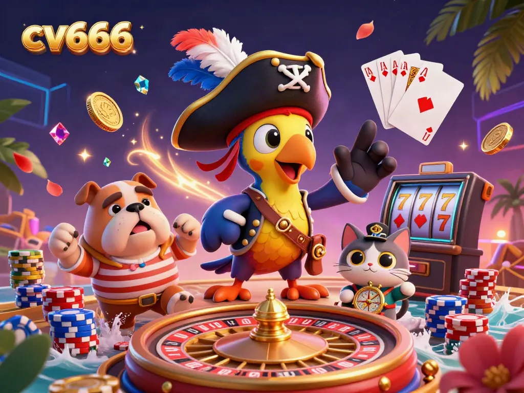 Cascading coins and a lively pirate-themed illustration showcasing cv666's gambling adventure.