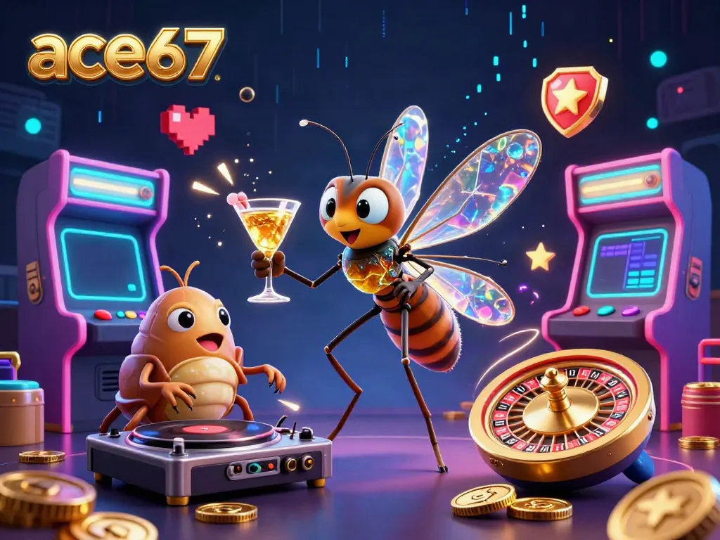 Experience the thrill of ace67 with a dazzling 3D illustration of gaming characters and vibrant casino elements.