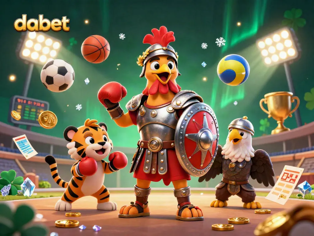 Dabet features a 3D cartoon gladiator rooster and sports themed elements in a dynamic casino illustration.
