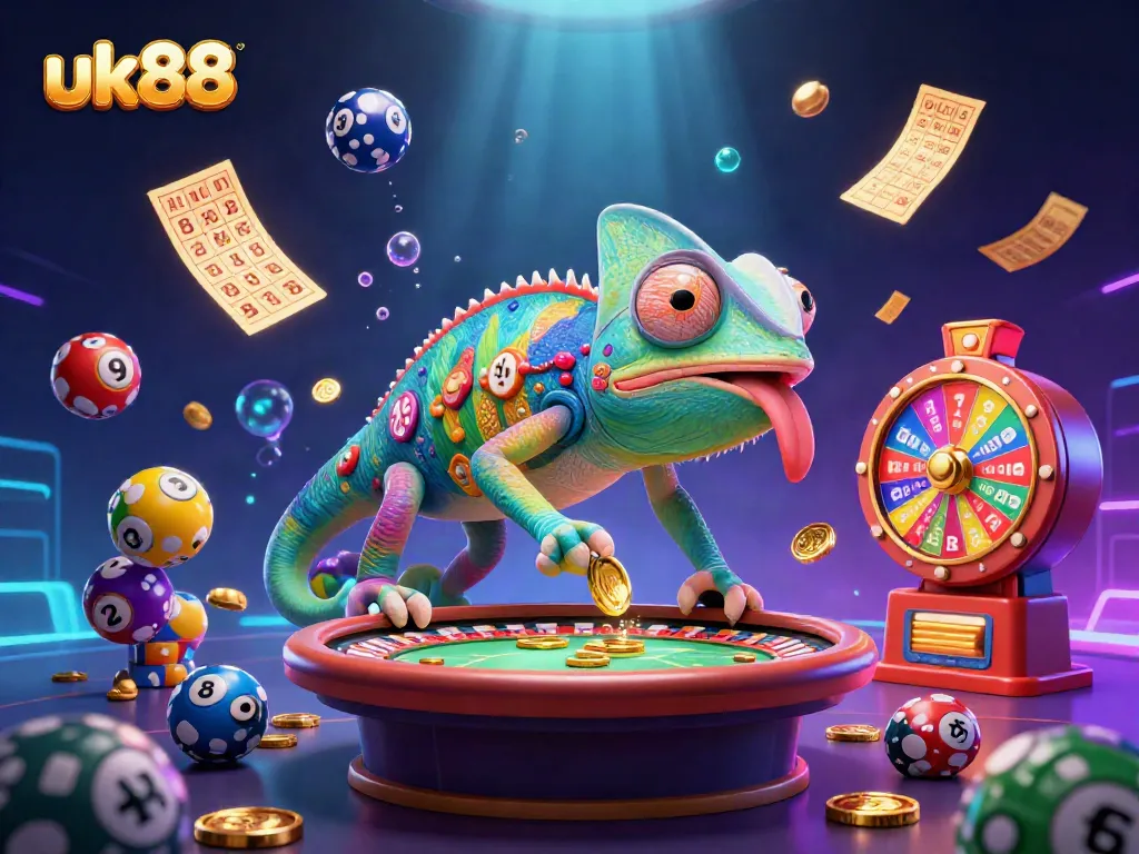 Enjoy thrilling gambling at uk88 with colorful lottery balls, golden coins, and a vibrant casino scene.