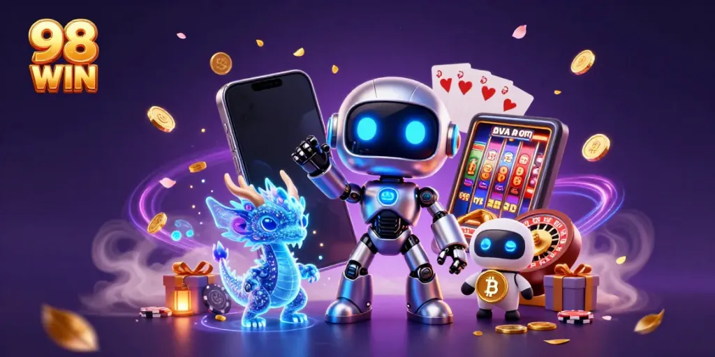Experience excitement with 98 WIN through vibrant casino-themed illustration featuring cyberpunk robot and slot games.
