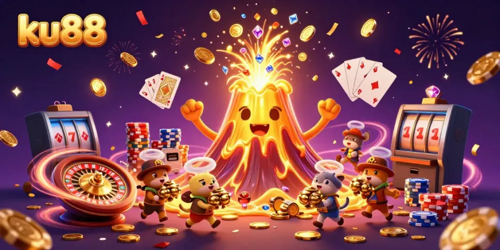 ku88 casino scene showcasing a golden volcano erupting coins, with vibrant gaming elements