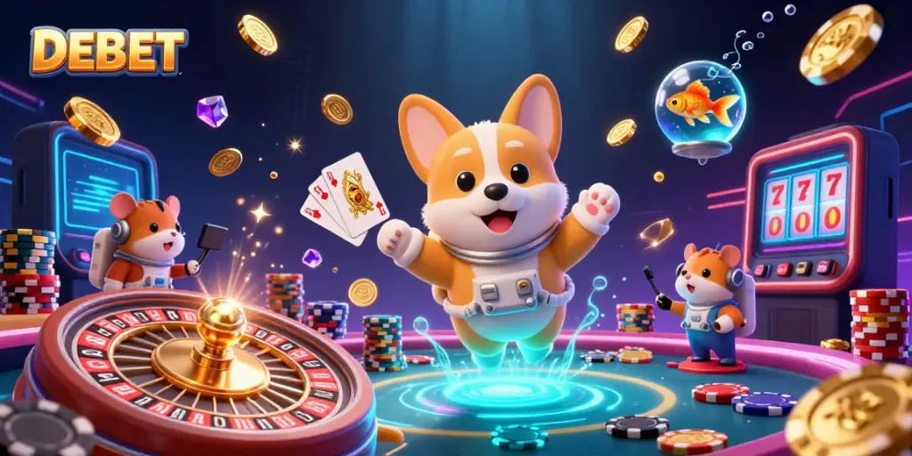 Engage with DEBET in a vibrant space casino, where playful characters float among poker chips and sparkling gems.