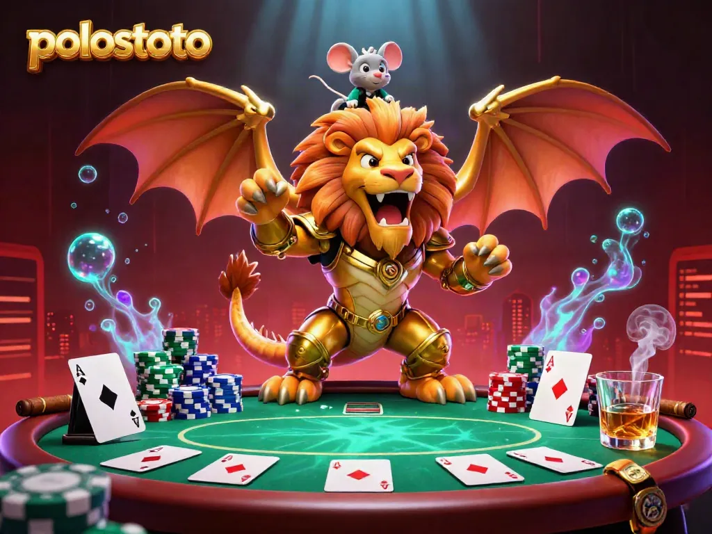 Experience the thrill of polostoto with a vibrant 3D casino scene featuring a roaring chimera and dynamic poker elements.