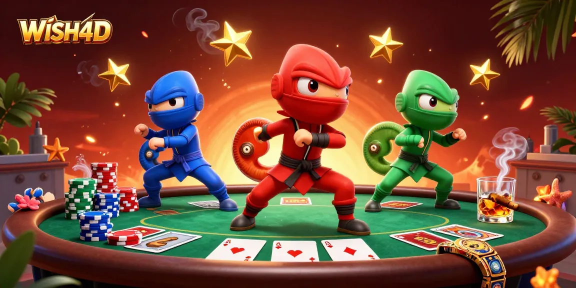 Engage with WISH4D's thrilling poker scene featuring dynamic ninja chameleons showcasing martial arts on a vibrant rooftop.