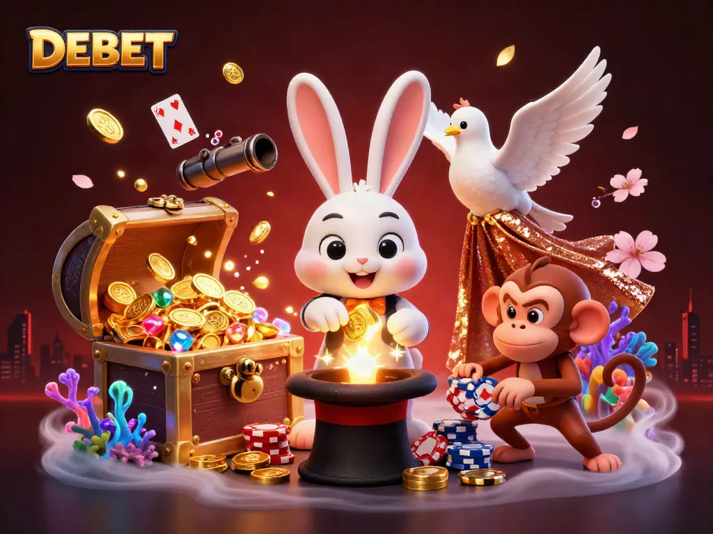 Experience the whimsy of DEBET with a cartoon magician rabbit, dove, and monkey in an exciting casino setting.