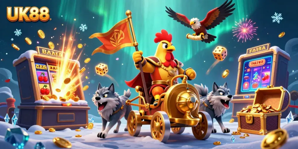 Experience exciting betting adventures with UK88, showcasing a vibrant 3D scene of gaming action.