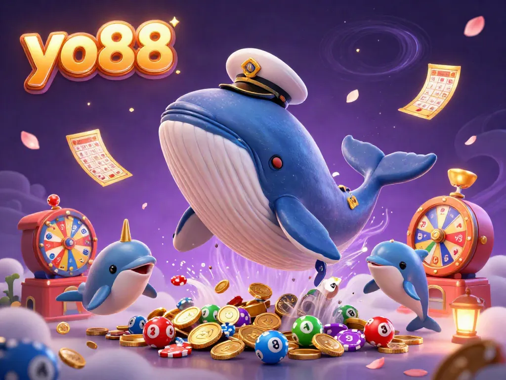 Engage in exciting gambling adventures with yo88 featuring a whale, narwhal, and playful dolphins among colorful lottery elements.
