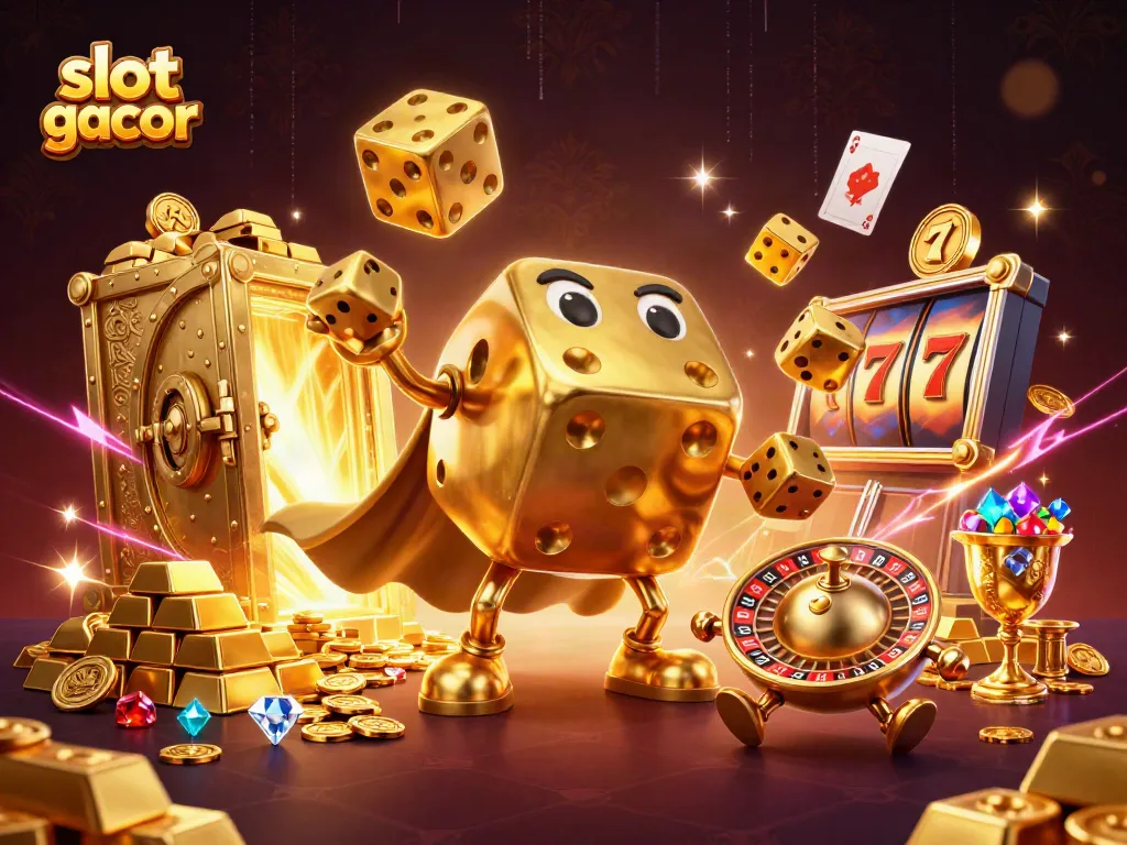 Engage with slot gacor excitement in a vibrant 3D casino scene filled with winning elements.