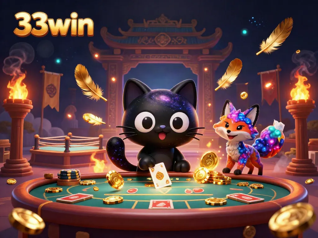 Engaging 3D scene depicting the playful 33win cat attracting golden chips and cards at a cosmic casino table.