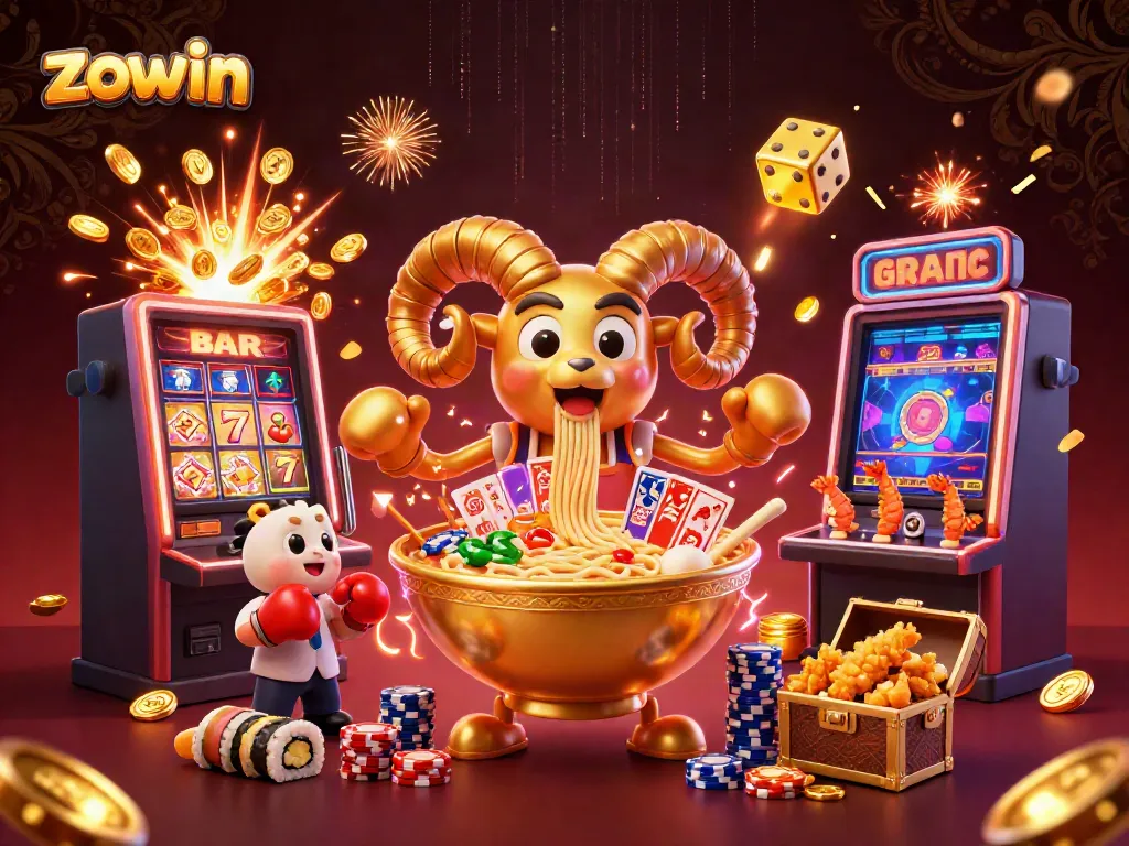 Experience the exciting world of zowin with a vibrant 3D casino scene featuring a golden ramen bowl character dealing cards.