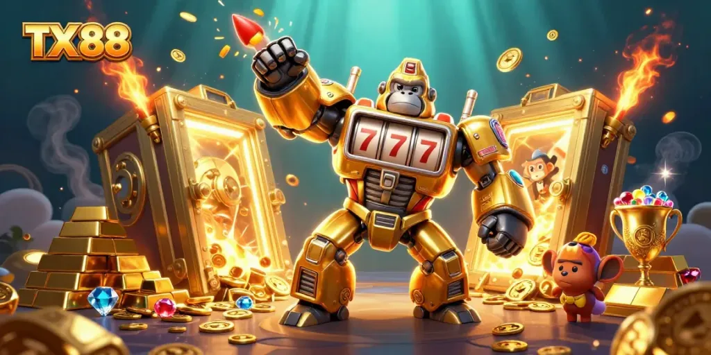 Experience thrilling wins with TX 88’s golden gorilla mech surrounded by treasures and riches.