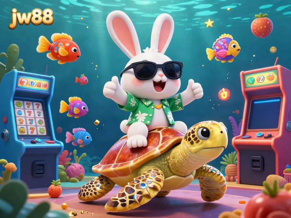 Experience thrills with jw88, featuring a lucky rabbit on a turtle amidst vibrant slot machines underwater.