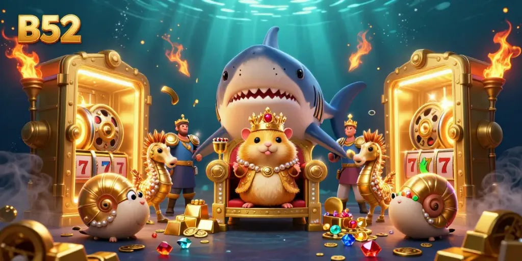 B52 showcases an engaging casino scene with the hamster king and epic treasures in a vibrant underwater setting.