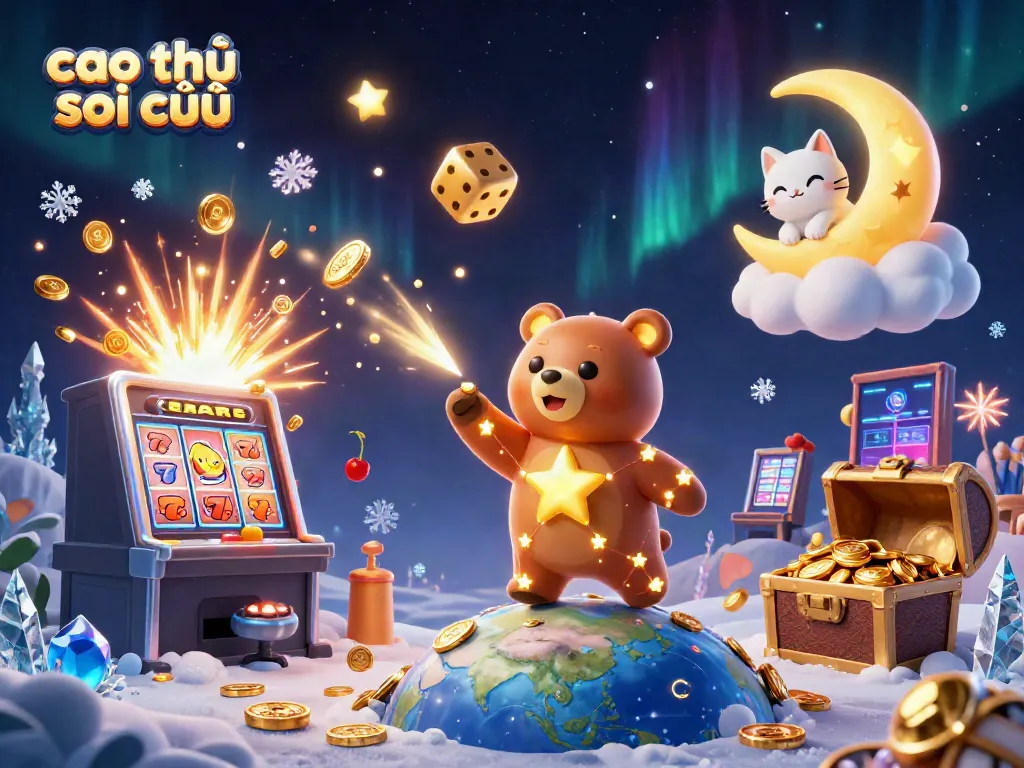 Cao thủ soi cầu captures winnings with a constellation bear, vibrant slot machine, and golden dice.