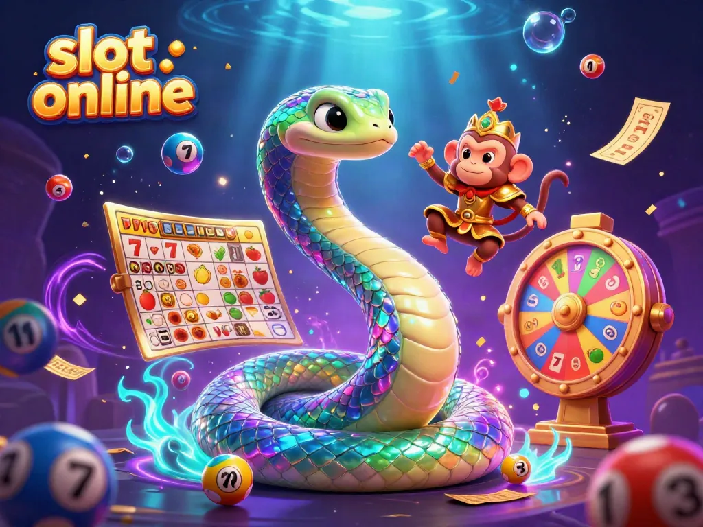 Play exciting slot online games with a colorful, vibrant casino scene featuring a rainbow serpent and a monkey king.