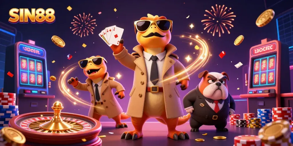 SIN88 raptors in a trench coat entering a VIP casino, with cascading coins and casino elements surrounding them.