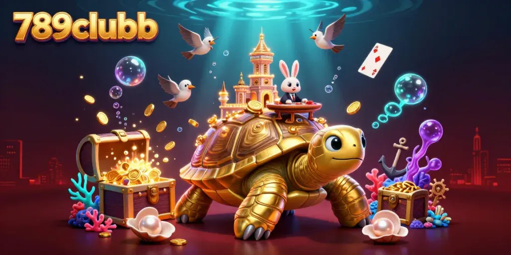 Experience thrilling gameplay at 789clubb with a vibrant 3D depiction of gaming adventures featuring a golden tortoise casino.