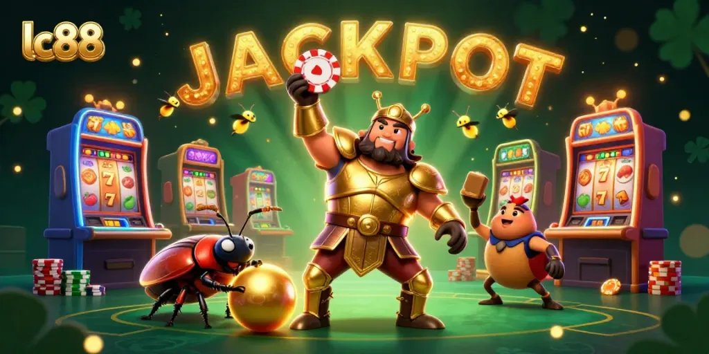 Engage in exciting gameplay with lc88 as the cartoon beetle lifts a poker chip amidst vibrant casino elements.