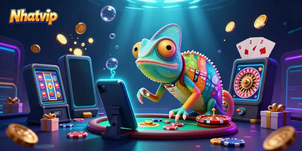 Nhatvip chameleon casino owner captures golden coins amid vibrant gaming elements in a dynamic scene.