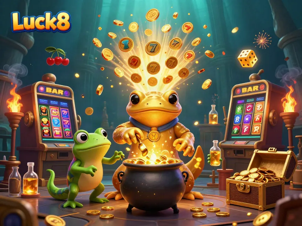Win big at Luck8 with this vibrant illustration of a golden alchemist turning base metals into gold.