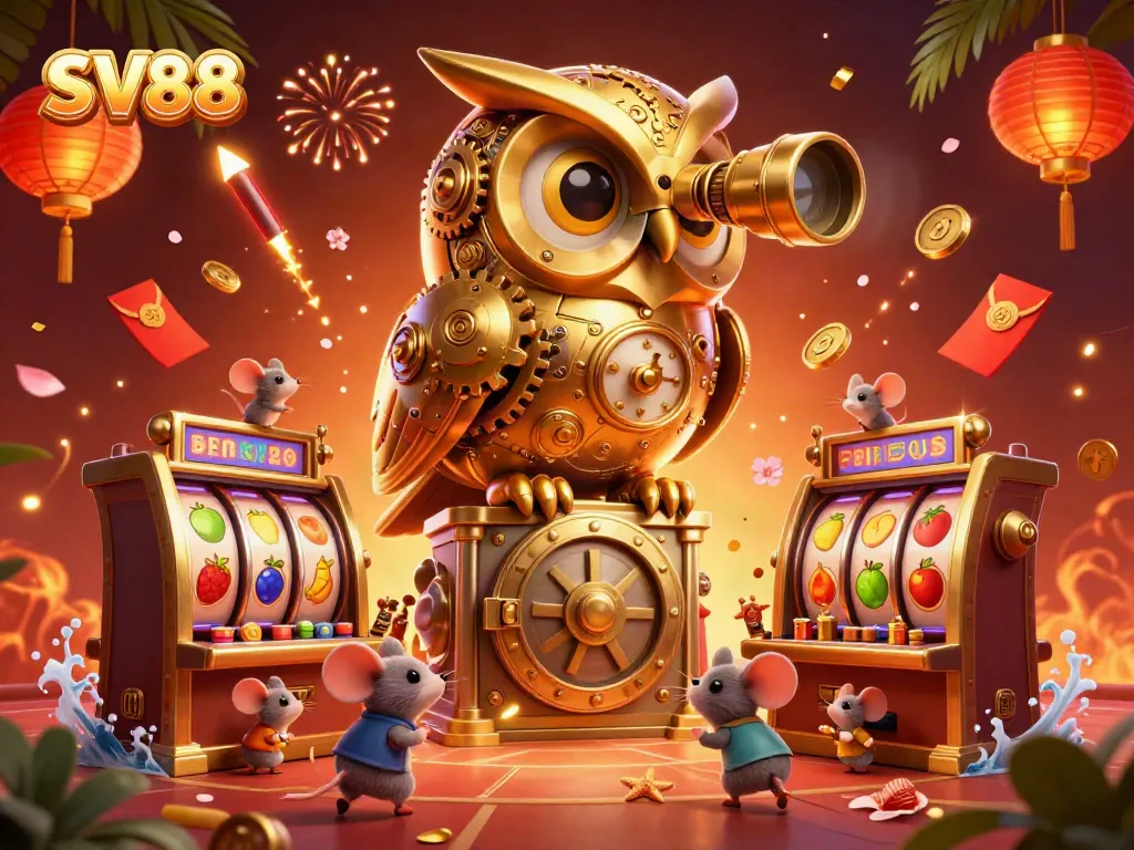 SV88 showcases a dynamic 3D casino scene with a golden owl and whimsical mice amid rich slot games.