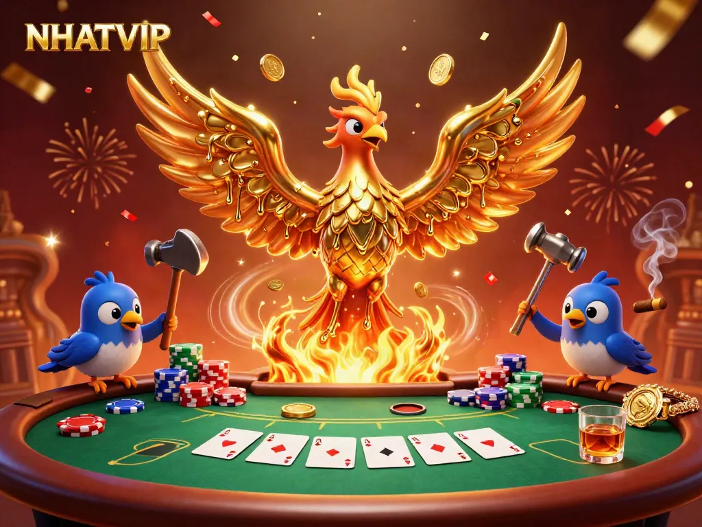 Experience the thrill of NHATVIP with a molten metal phoenix, poker chips, and festive confetti.