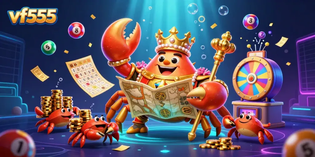 Engage with vf555's exciting gaming features through a vibrant 3D casino illustration.