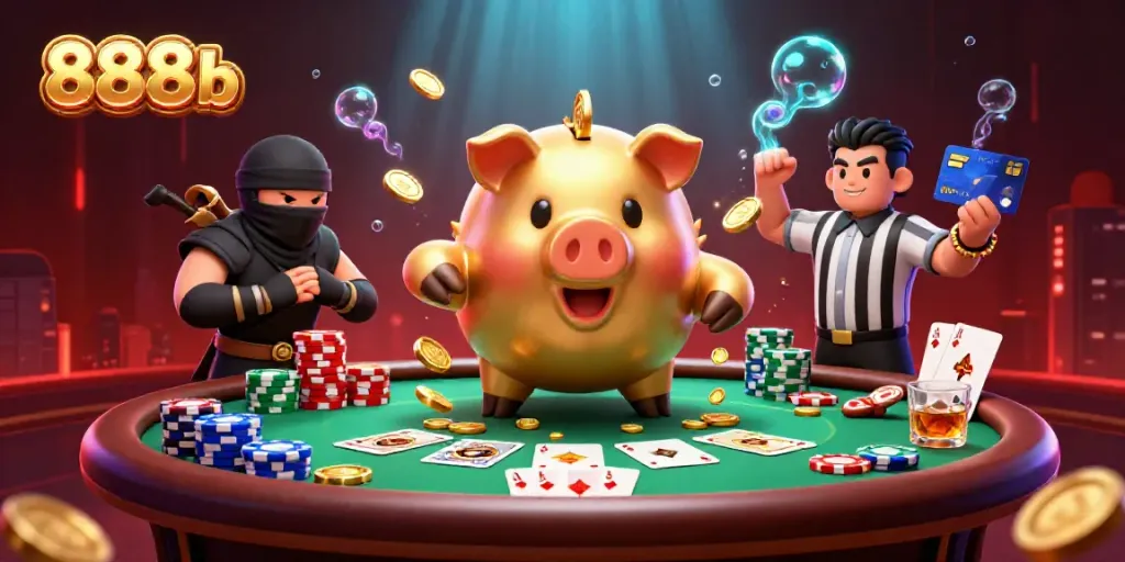 Engage with exciting 888b casino action featuring massive golden piggy bank sumo wrestler and ninja characters.