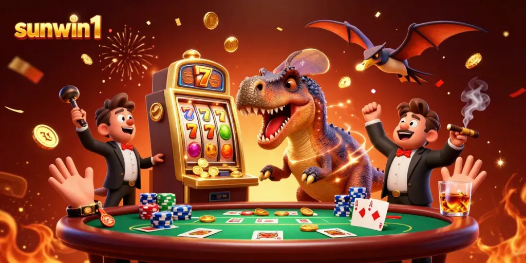 Experience the thrilling payouts with sunwin1’s exciting slot machine action from a quirky dinosaur scene.