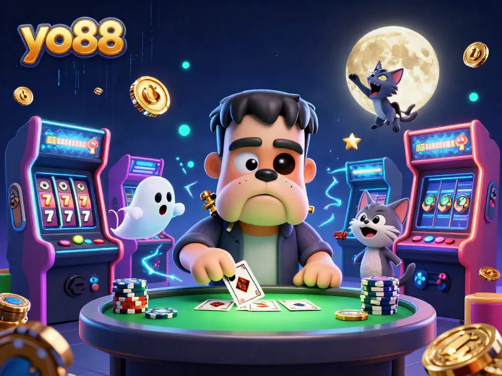 Engage with the thrilling action at yo88 as a Frankenstein bulldog dealer plays cards in a magical casino.