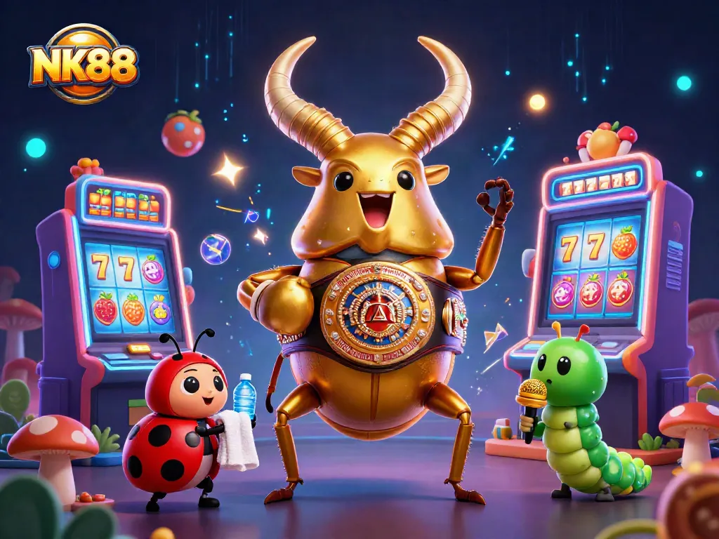 NK88 promotes exciting slot games featuring giant beetles in action-packed casino scene.