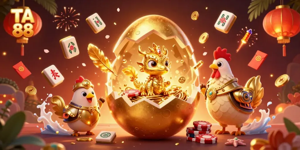 Engage in TA 88 casino fun with a vivid scene of golden dragons, poker chips, and exciting game elements.