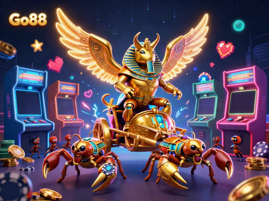 Experience the thrilling Go88 online casino with vibrant golden scorpion chariots and glowing arcade elements.