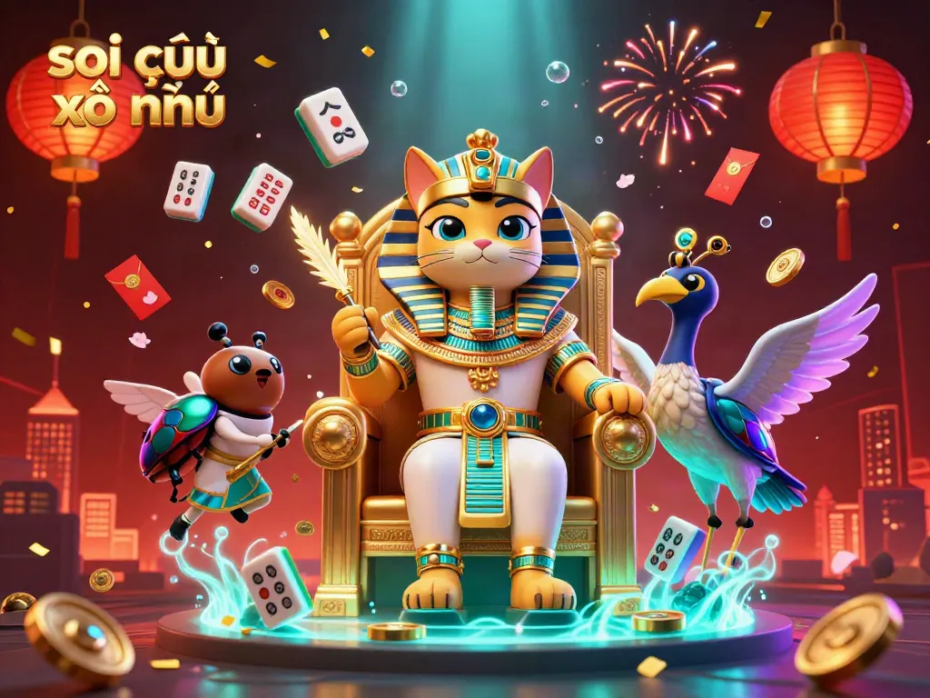 Experience vibrant soi cầu xổ số excitement with Egyptian pharaoh cat, jade coins, and festive decorations!