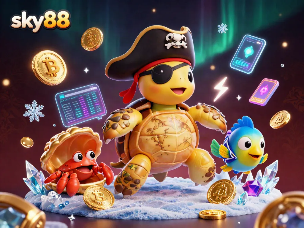 Experience the thrilling action at sky88 with a dynamic cartoon scene of treasure hunting and crypto elements
