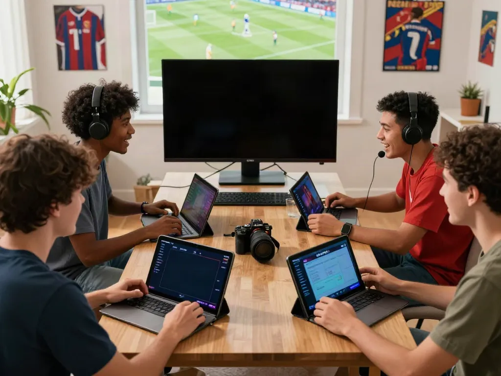 Energetic gaming session with friends enjoying mantul88 platform, live sports background, and vibrant atmosphere.