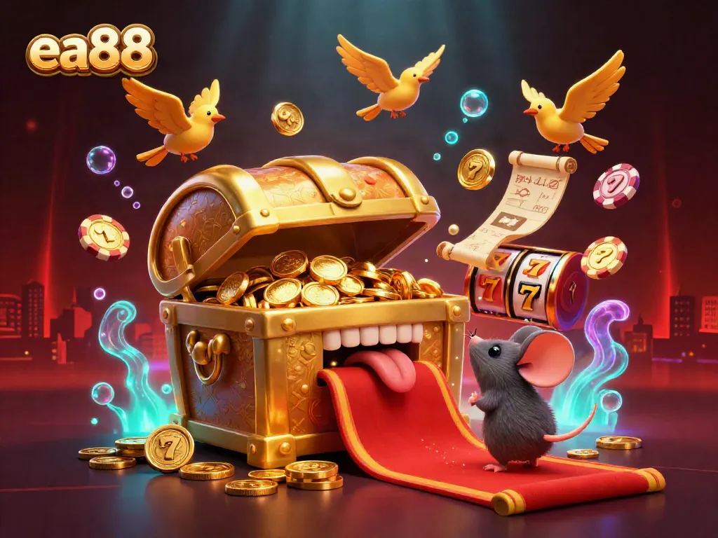 Experience the thrill of ea88 as mice are tempted by a treasure chest amidst casino riches and vibrant game elements.