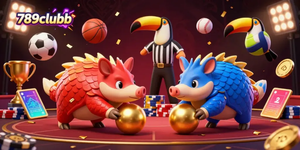 Experience gaming excitement with 789clubb as two pangolins compete among poker chips and sports elements.
