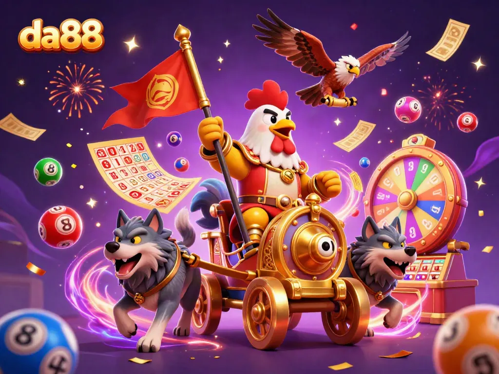 Engage in thrilling gameplay at da88 with a cartoon rooster warlord leading the action in vibrant casino elements.