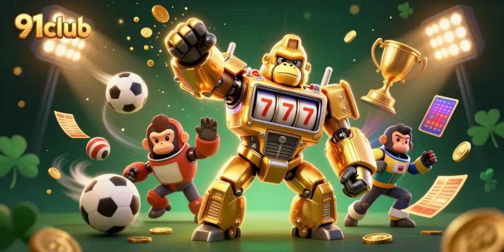 Experience the excitement of 91club with a dynamic scene featuring a golden gorilla mech and vibrant sports elements.