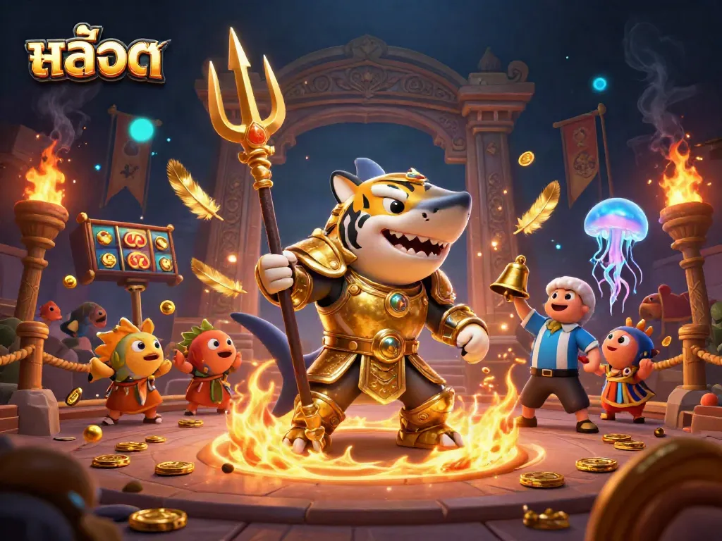 Experience thrilling สล็อต action with a tiger shark and whimsical characters in a rich casino scene