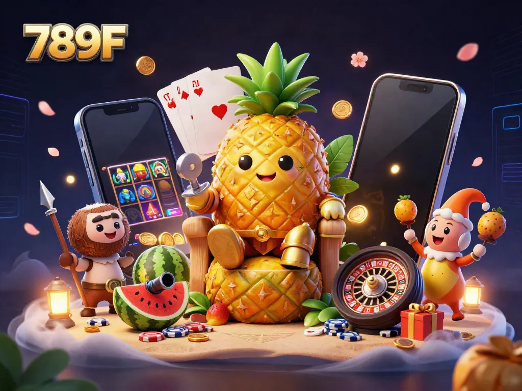 Experience the vibrant 789F casino world with a golden pineapple king ruling amidst dynamic slot games and casino elements.